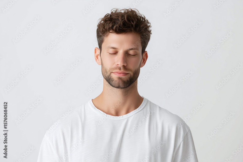 Young man with curly hair and beard wearing white t shirt, eyes closed in peaceful mindfulness and calm expression, isolated on light background Young man with curly hair and beard wearing white t shirt, eyes closed in peaceful mindfulness and calm expression, isolated on light background