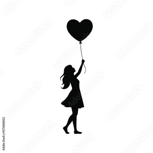 Silhouette of girl holding heartshaped balloon vector illustration love romance childhood dream