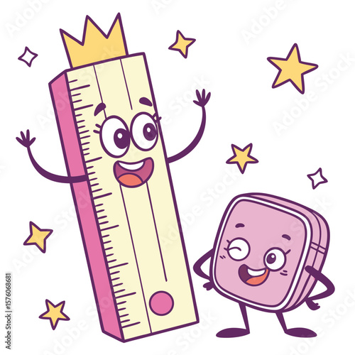 A happy ruler wearing a crown and a cheerful eraser
