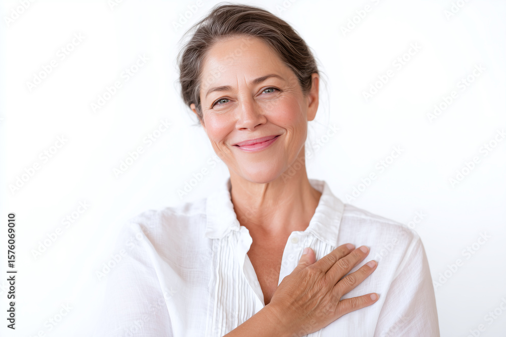 Mature woman with hand on heart smiling gently in white shirt expressing warmth and gratitude on white background Mature woman with hand on heart smiling gently in white shirt expressing warmth and gratitude on white background