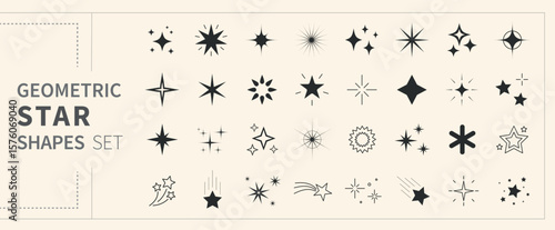 Geometric star shapes set. Sparkling star silhouette, twinkle and fireworks forms, Y2K abstract elements for decoration, logo, form, sticker, tattoo, symbol and graphic design. Vector illustration.