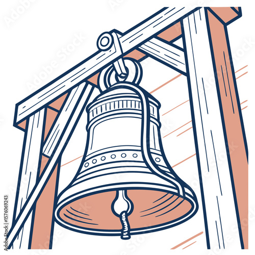 A large bell hangs from a wooden structure, ready to ring