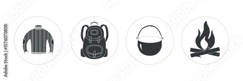 Cave Tourism Icons. Flat icon set of cave tourism: guided tour sign, entrance gate, group of tourists, tour