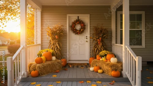 Cozy autumn porch decorated with pumpkins and hay bales at sunset  