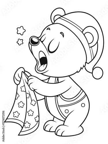 A cartoon baby bear yawning and holding a little blanket. Black-and-white line art, soft and sweet design for bedtime-themed coloring pages