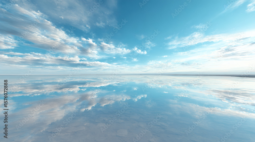 Fototapeta premium The sky and clouds are perfectly mirrored on a vast expanse of tranquil water.