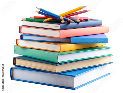 Wallpaper Mural Top View of Colorful Pencils Arranged in a Fan Shape over Open Notebook and Books, PNG Cutout Torontodigital.ca