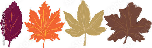 Handdrawn Retro Leaves with Pencil Texture and Grunge Overlay in warm Autumn Palette, perfect for Thanksgiving and Fall Decor. Vector illustration