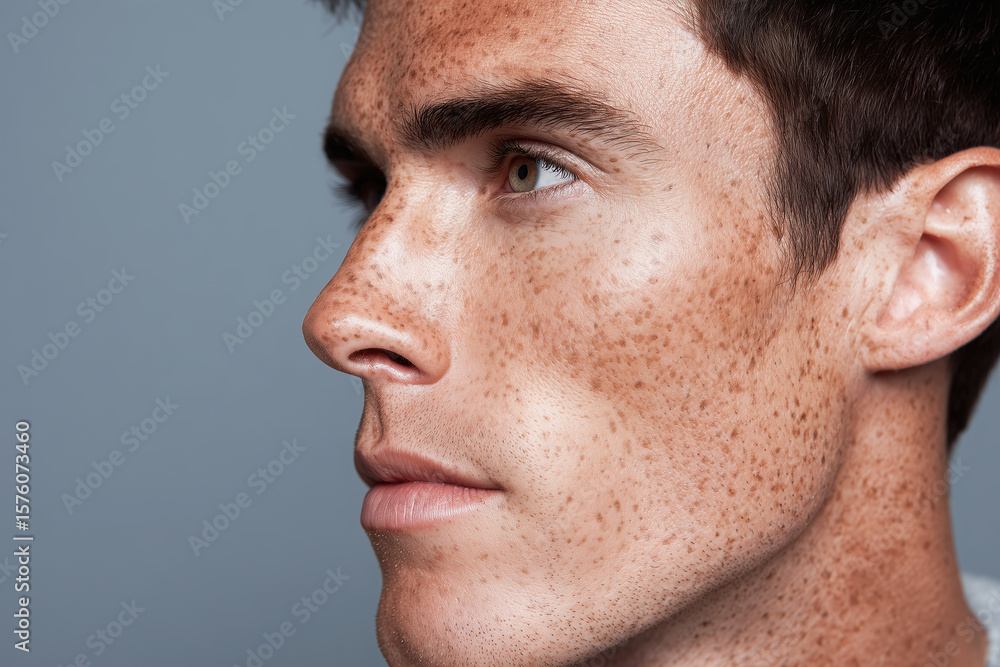 Obraz premium Close up side profile of young man with clear skin and subtle freckles, showing natural beauty and calm expression against plain gray background
