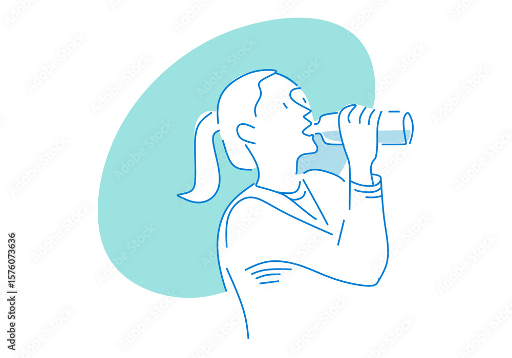 minimalist line art of a woman drinking from a bottle, symbolizing hydration, healthy lifestyle, and refreshment. minimalist line art of a woman drinking from a bottle, symbolizing hydration, healthy lifestyle, and refreshment.