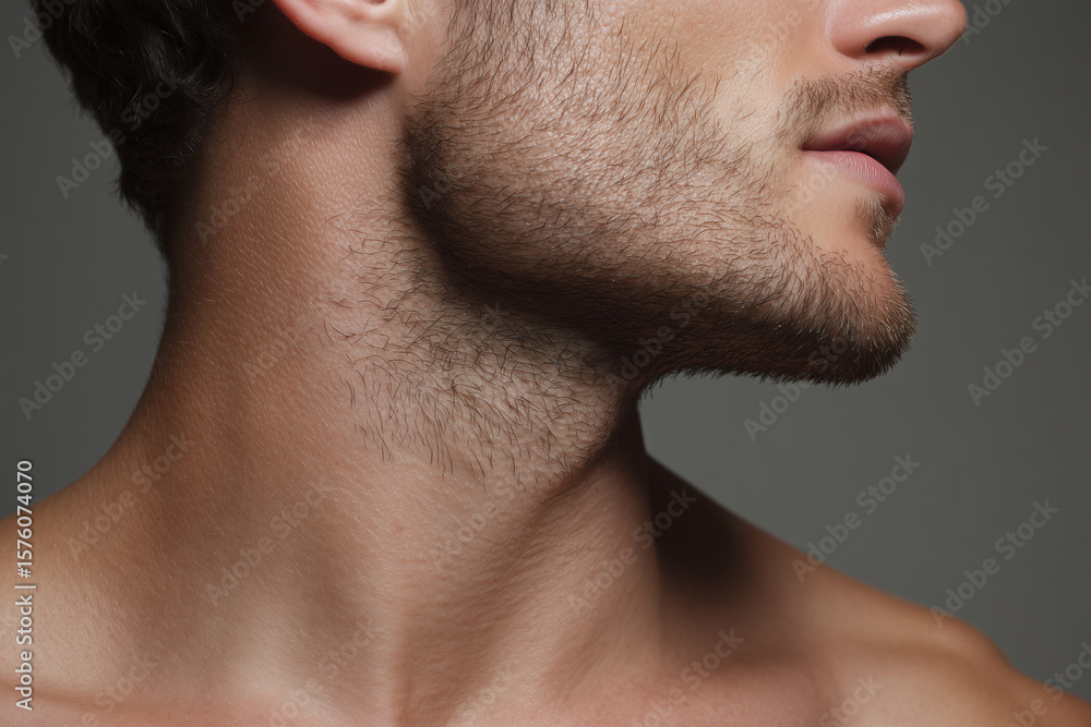 Fototapeta premium Close up of mans jawline and neck with light beard and smooth skin texture showing natural pores and hair growth in soft lighting