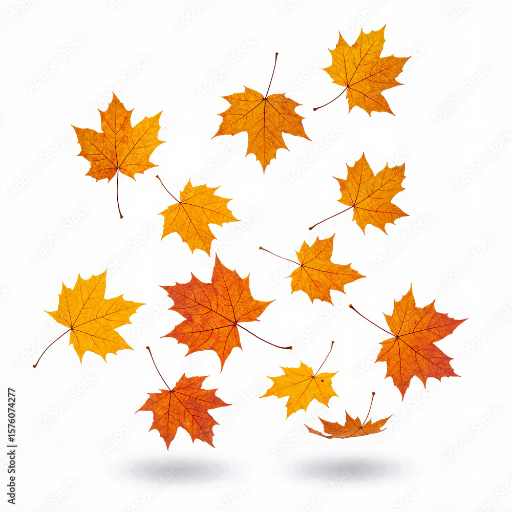Fototapeta premium Autumn leaves falling gracefully on a white background 