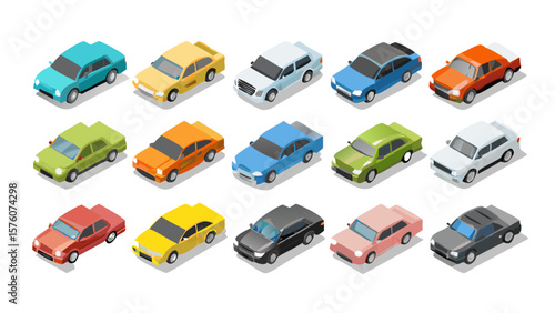 Flat Isometric Vector Set of Cars, Trucks, Pickups, and Vans – Top View 