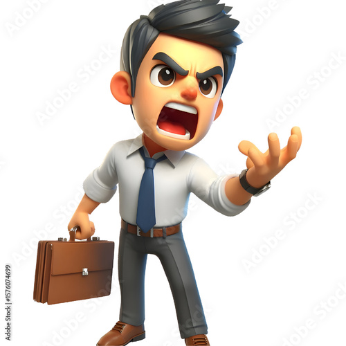 Angry cartoon businessman shouting, transparent background