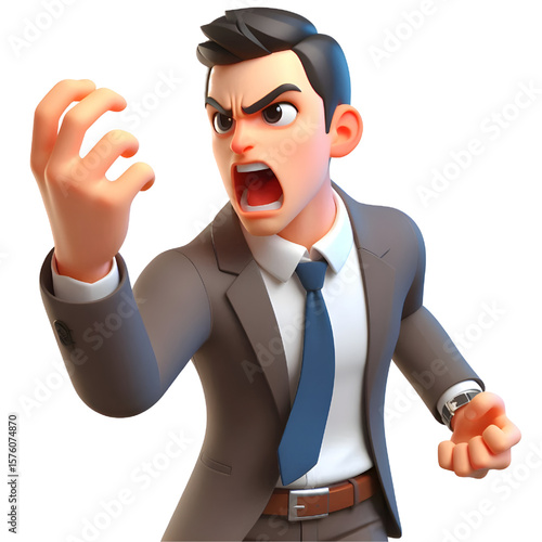 Angry cartoon businessman shouting, transparent background
