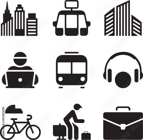 Cityscape Icons Urban Life, Transportation, and Technology Symbols