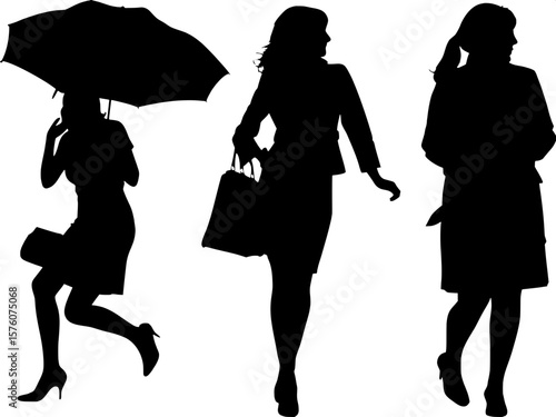 "Collection of professional women silhouettes, showing a range of activities: one sitting with crossed legs, one running slightly late with a purse swinging, another calmly standing in a trench coat w