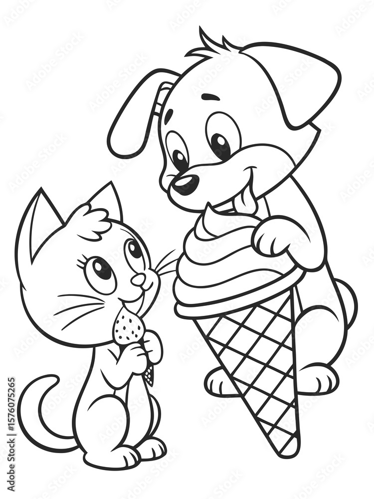 Obraz premium A cartoon kitten and puppy sitting together sharing an ice cream cone. Friendly line art, black and white, great for friendship-themed coloring pages