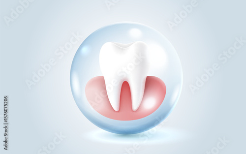 Tooth with gum, 3D illustration of a tooth on a light background. Vector illustration