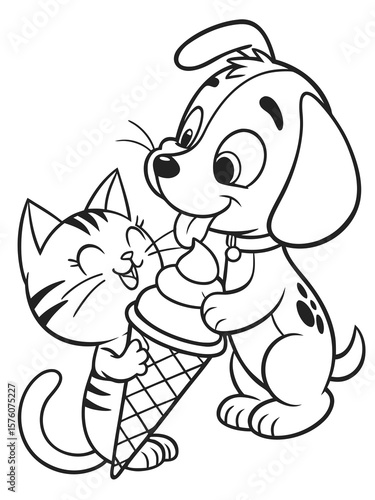 A cartoon kitten and puppy sitting together sharing an ice cream cone. Friendly line art, black and white, great for friendship-themed coloring pages