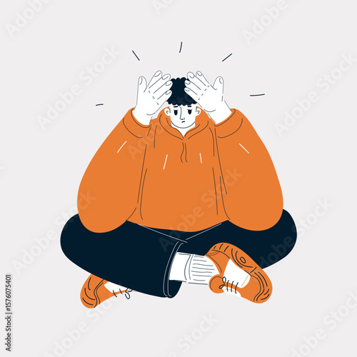 Cartoon vector illustration of a man tangled in a web of thoughts, clutching his head, symbolizing information overload, digital anxiety, and mental overwhelm