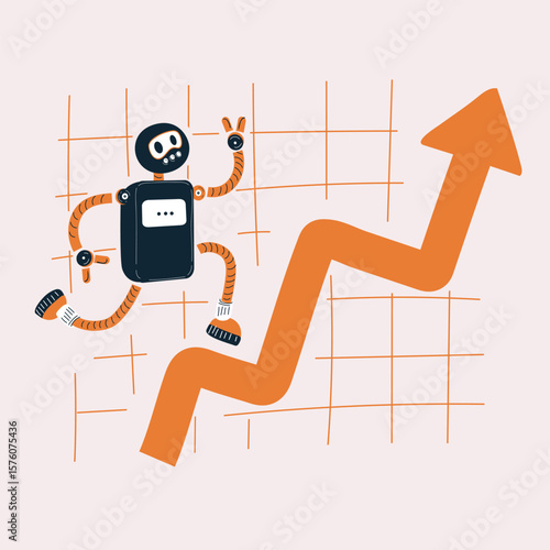 Cartoon vector illustration of a robot leaping over a soaring chart, symbolizing dynamic technological progress and breakthrough innovation