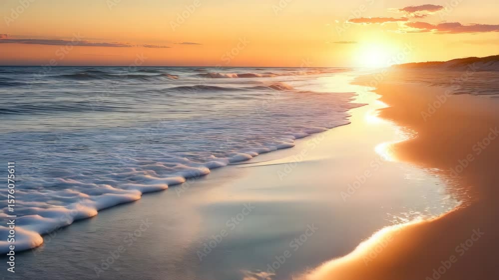 Ocean waves rolling gently on sandy beach with golden hour lighting and animated reflections, loop animation