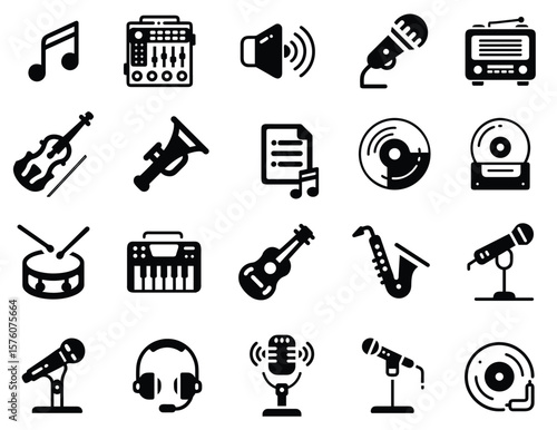 Music Instruments and Symbols Outline Vector Icons Set