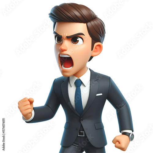 Angry cartoon businessman shouting, transparent background