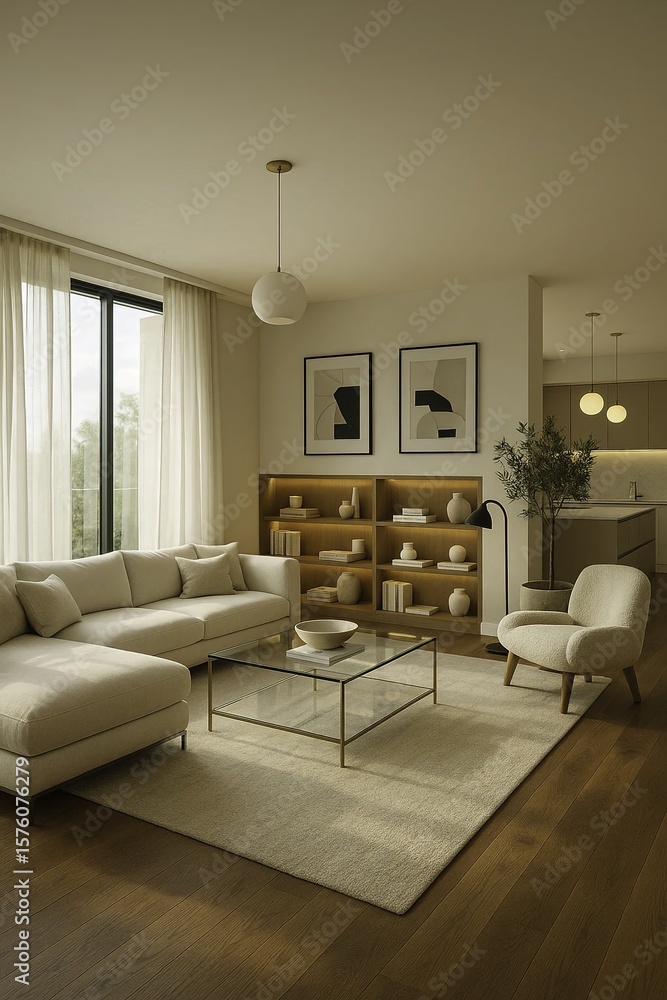 Fototapeta premium a cozy reading nook with a boucle armchair and a modern arc floor lamp sits near an indoor olive tree in a stone planter. The hardwood flooring has a rich walnut finish.