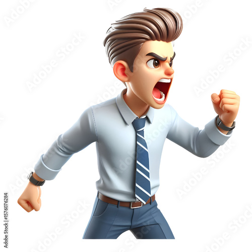 Angry cartoon businessman shouting, transparent background