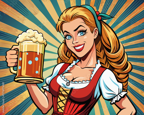 A girl in the Bavarian style with a glass of beer illustration	
