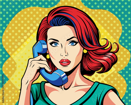 beautiful woman chatting on the retro phone pop art comic illustration style	

