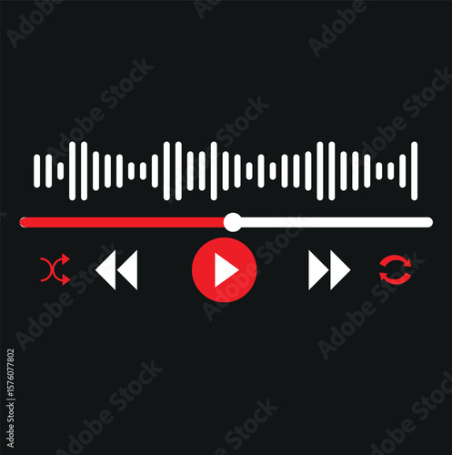 Music or video play bar icon. Audio player for songs or podcast playlist. Play or pause button. Dark theme. Vector illustration