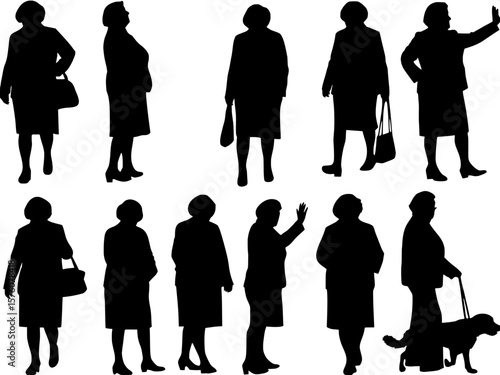 "Ten silhouettes of middle-aged women in modern professional clothing — some seated with legs crossed, one walking a dog, one standing and waving. Each figure is unique in body shape and gesture. Comp