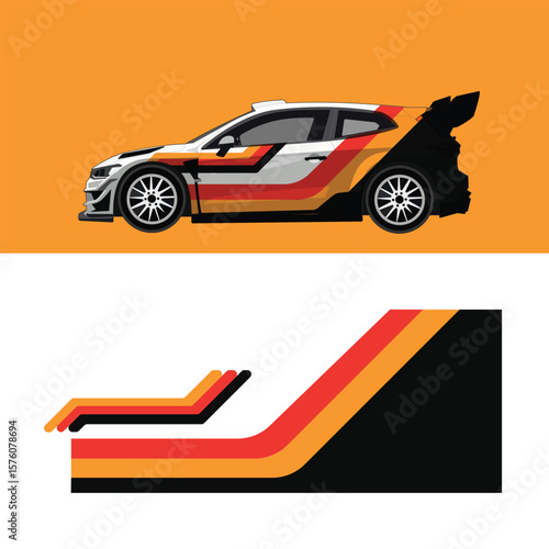 Modern retro racing car livery design with bold stripe pattern in black, orange, and red on white rally car body