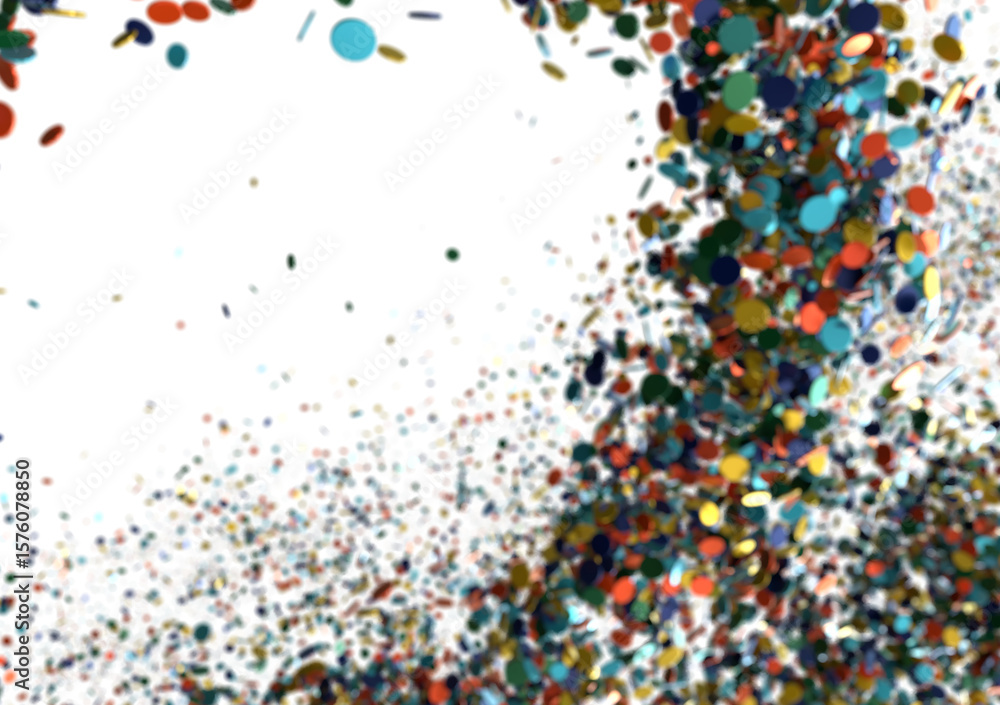 Obraz premium Vibrant confetti bursts across white background. Ideal for celebrations, parties, and festive designs.