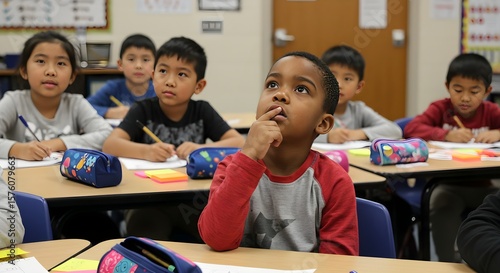 Engaged Elementary Students Learning in Classroom at School Desks