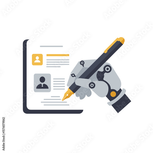 AI assistant hand writing blog post with feather pen on document