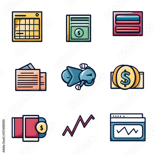 Collection of colorful financial icons.