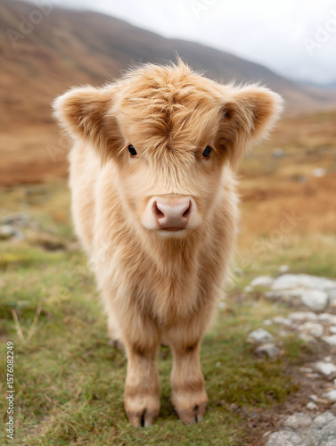 Fluffy Highland Calf Standing in Open Field
