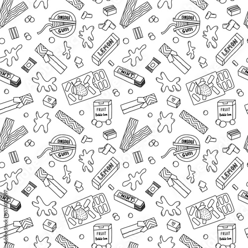 Bubble gum seamless pattern vector on white background. Chewing candy in stick, pillows, pads, bubblegum pack sketch pattern