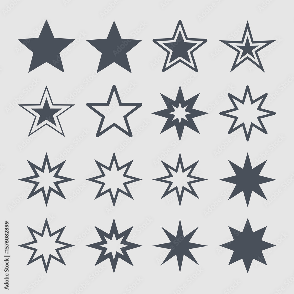 Grid of sixteen star icons suitable for ratings, reviews, celestial themes. Perfect for websites, apps, design projects needing star visual. Grid of sixteen star icons suitable for ratings, reviews, celestial themes. Perfect for websites, apps, design projects needing star visual.