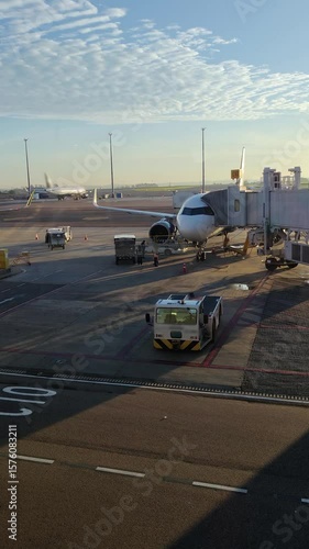 Airplane parked at airport terminal gate with jet bridge connected. Ground crew and support vehicles on the tarmac preparing for departure or arrival. Air travel and transportation concept. Vertical.
