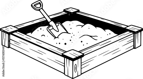 Black and white illustration of a sandbox with a shovel inside
