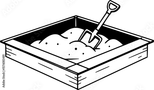 Black and white illustration of a sandbox with a shovel inside
