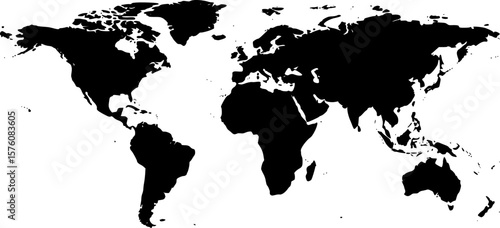 Global Overview Black and White World Map Silhouette with Continent Representation
