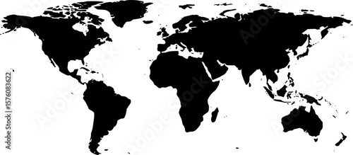 Global Overview Black and White World Map Silhouette with Continent Representation
