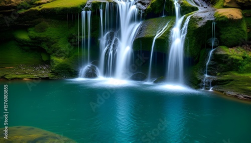 Cascading Waterfall into a Turquoise Pool in a Mossy Forest