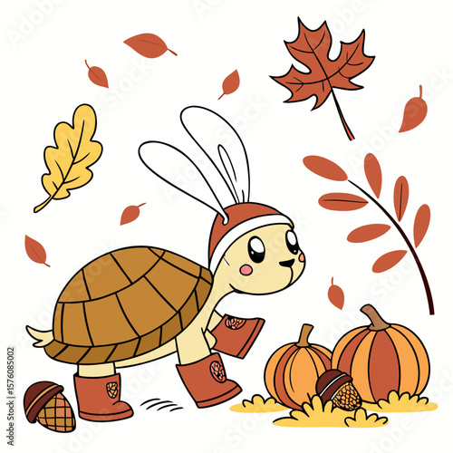 Autumn Leaves themed SVG: Bashful Swimming turtle with wearing bunny slippers in a Autumn environment